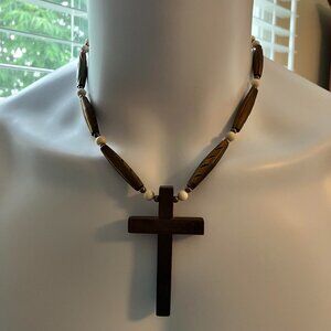 Artisan Wood Cross Natural Agate Stone + Hematite Necklace 19 in Handmade NEW